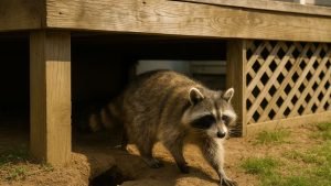 Raccoon leaving disturbed den under a deck