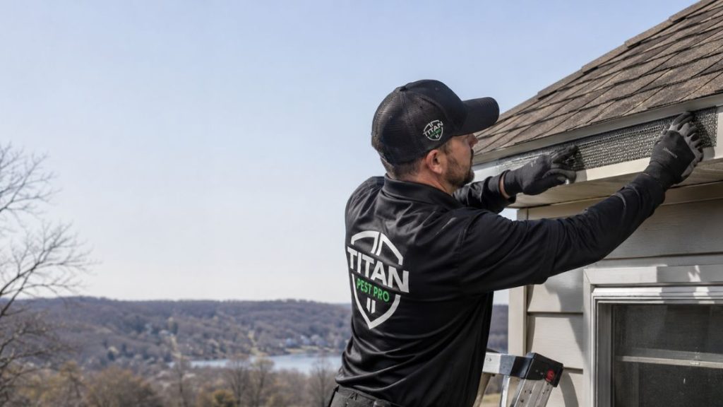 Titan Pest Pro technician installing wildlife exclusion devices on a Missouri home — professional bat and raccoon prevention.